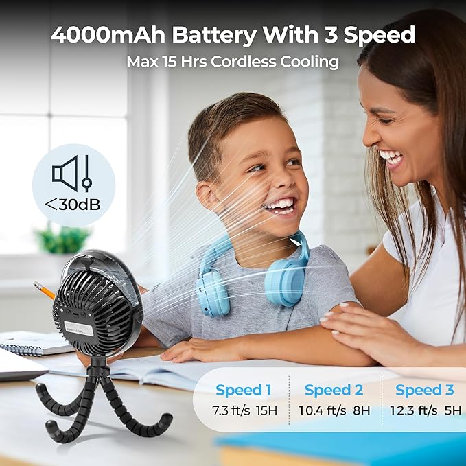 2025 Upgarded 4000mAh Misting Baby Stroller Fan, Rechargeable Battery Operated,Max 15Hrs Cooling,50ml Portable Water Sprayer Misting Fan with Flexible Tripod Clip on Car Seat Crib Treadmill Bunk Bed