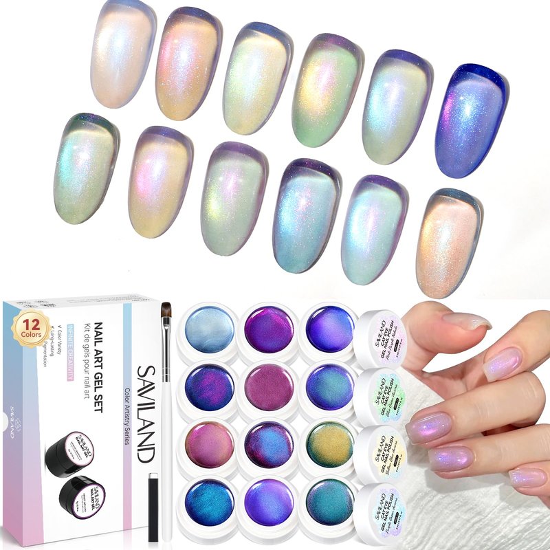 SAVILAND Color Artistry Cat Eye Gel Nail Polish Set: 2026 12 Colors 5ml Crystal Shiny Gloss Cateye Gel Polish Aurora Borealis Pink Blue Magnetic Gel Polish Glitter Gel Nail Polish Gifts Home DIY