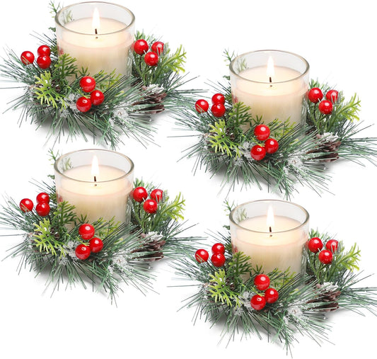 Regine Switzerland Christmas Candle Ring Set - 4 Pcs Votive Candles with Red Berry & Pinecone | Holiday Table Centerpiece Decor