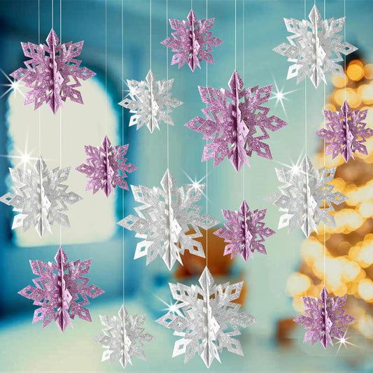 Skiennix 3D Glitter Snowflakes Decorations - 15pcs Purple & Silver Paper Garland for Winter Wonderland Parties