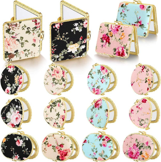 Compact Flower Pocket Mirrors - 16 Pcs Vintage Folding Mirrors for Purse | Perfect for Tea Party Favors, Gifts, Makeup Travel (Gold Edge)