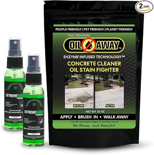 Oil Stain Fighter Driveway Kit with Pretreat Solution for Maximum Results | 4 oz. Pretreat Spray + 10 oz. Enzyme Powder | No Rinse Safe Concrete Cleaning Duo for Driveways and Patios | Driveway Size
