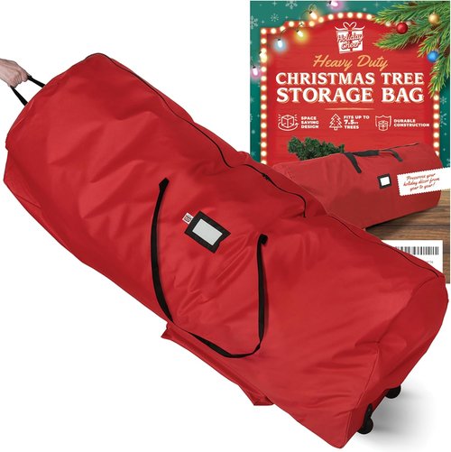 Holiday Cheer Christmas Tree Storage Bag - Heavy Duty Waterproof Bag with Wheels for 7.5ft Artificial Trees | Durable Handles & Zipper (Red)