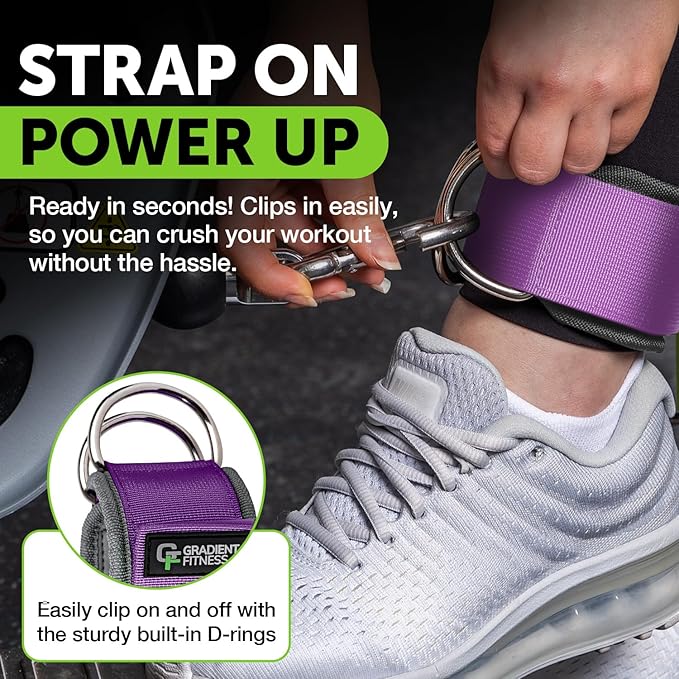 Gradient Fitness Ankle Straps (2 Pack) | Ankle Strap for Cable Machine, Ankle Bands for Working Out, Cable Ankle Strap, Cable Machine Attachment, Ankle Cable Attachments for Gym (Purple, 2 D-Rings)