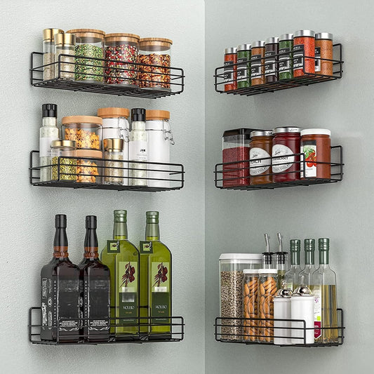 Moforoco Spice Rack Organizer - Wall-Mounted 6-Pack Black Shelves for Kitchen Storage & Decor