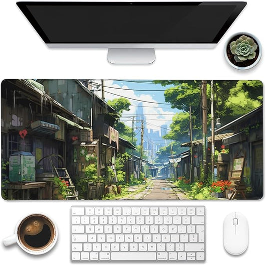 Eflxamz Anime Abandoned Town Desk Mat, Large Gaming Mouse Pad with Non-Slip Base and Stitched Edge, 35.4"x15.7"