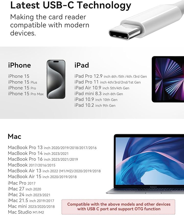 OPxjzws SD Card Reader, USB C to Micro SD/TF/CF Memory Card Reader, 4 in 1 USB Type C Camera Adapter for iPhone 15, iPad Pro, MacBook, Supports Memory Card SD/Micro SD/TF/Compact Flash
