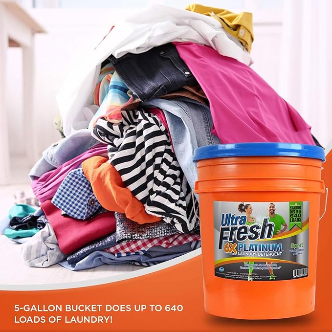 Ultra Fresh Platinum Sport 5 Gallon 6x Laundry Detergent Suitable for All Machine Type and Up to 640 Laundry Loads with Pump (5 Pack)