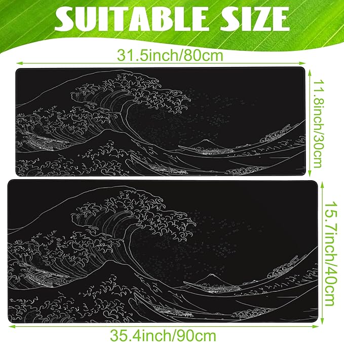 Eflxamz Desk Mat, Black Japanese Sea Wave Desk Pad, Extended Big Computer Keyboard Mouse Pad with Non-Slip Base and Stitched Edge, 35.4"x15.7"