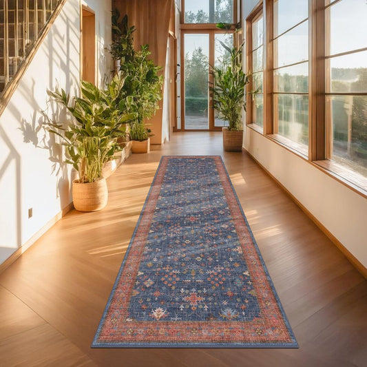 Washable 10 ft Long Runner for Hallway - Navy Blue Kitchen Floor Runner Rug, Pet Friendly Waterproof Non Slip with Rubber Backing, Stain Resistant Laundry Room Rug (3x10 Navy Blue & Terracotta)