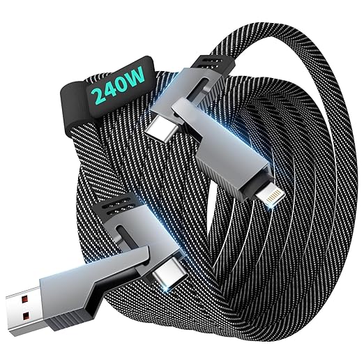 Travel Essentials,Dual Type-C 4 in 1 Multi Charging Cable, 5 FT Universal Charging Cables for All Devices, 2 USB-C/IP/Micro USB Port, Compatible with iPhone 17 16/15 Series/Phone/Tablet,240W