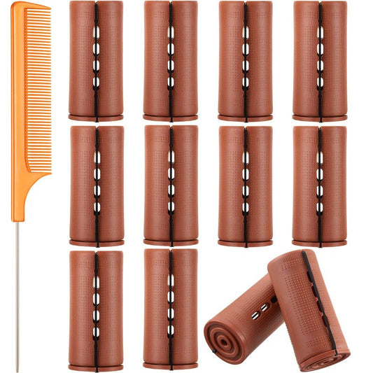 12 Pieces Large Hair Perm Rods Set Cold Wave Rods Plastic Hair Curling Rollers with Stainless Steel Rat Tail Comb Pintail Comb for Hairdressing Styling Tools(1.57 Inch,Brown)