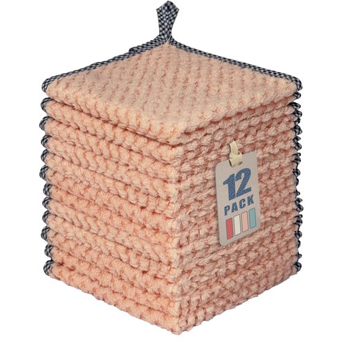AIWIWH Dish Towels with Hanging Loop, Coral Velvet Microfiber Cleaning Cloths, Super Absorbent & Fast Drying, Reusable Lint Free Dishcloths for Kitchen, Washing Dishes (12, Flesh Pink)