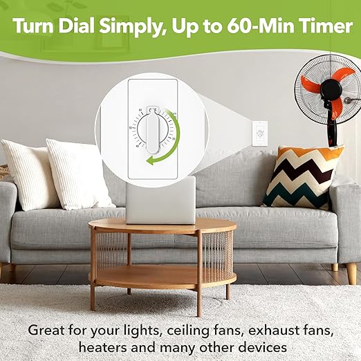 HBN 60 Minute Spring Wound Timer Switch, Energy-Saving Mechanical Timer Switch for Lights, Bathroom Fan, Easy Installation and Operation, No Neutral Required, ETL Listed