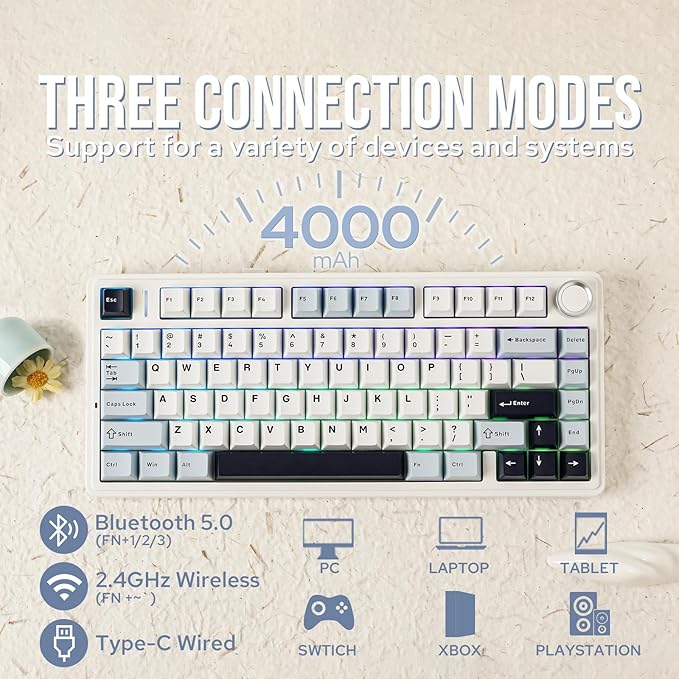 EPOMAKER x Aula F75 Gasket Mechanical Keyboard, 75% Wireless Hot Swappable Gaming Keyboard with Five-Layer Padding&Knob, BT/2.4GHz/USB-C, RGB (Light Blue, Ice Vein Switch)