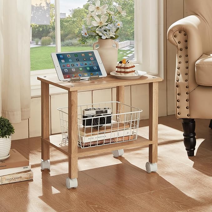 YUFAM 2 Tier Printer Stand with Storage,Under Desk Shelf Printer Table,Small Printer Stand with Wheels,Rolling Printer Cart for Office