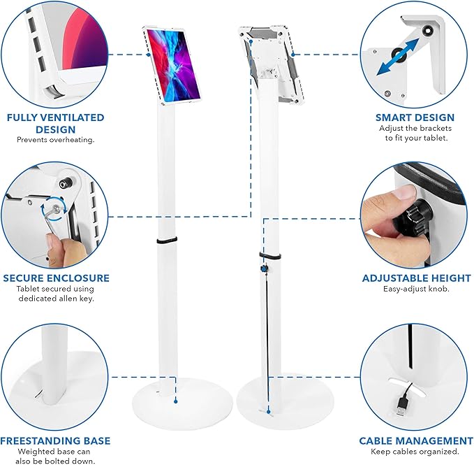 Mount-It! Anti-Theft Universal Tablet Floor Stand Kiosk, Locking Enclosure for iPad, Galaxy Tab & Surface Pro 9.7"–13.1", Height Adjustable 27.5"–47", Commercial Kiosk Stand, White