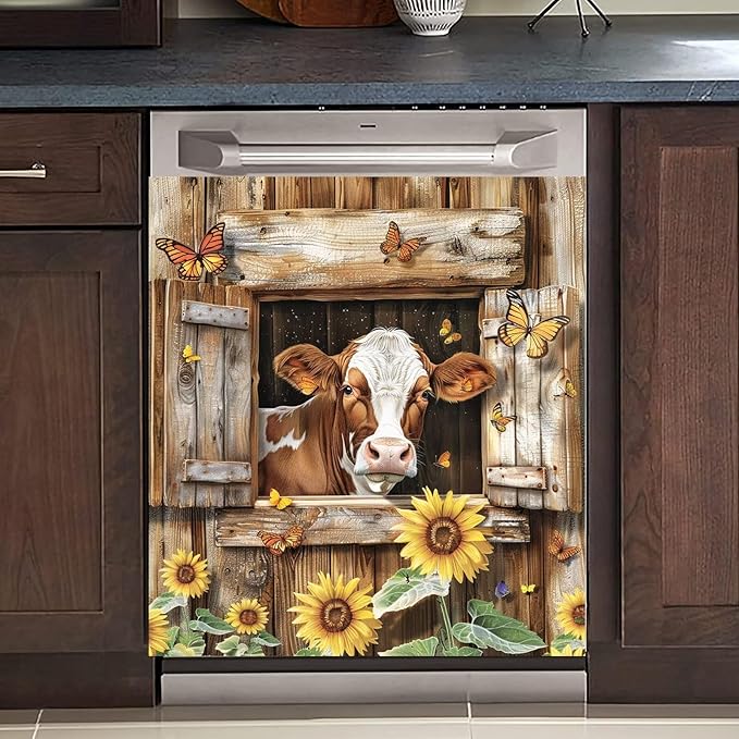 Farm Animals Cow Kitchen Magnet Dishwasher Skin Cover Panel, Country Sunflower Refrigerator Door Cover Sheet Magnetic, Butterfly Magnetic Dishwasher Sticker for Front, 23" W x 26" H Magnetic