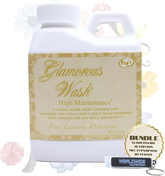 Worldwide Nutrition Bundle: Tyler Candle Company Glamorous Wash High Maintenance Scent Fine Laundry Liquid Detergent - Hand and Machine Washable - 4 oz (112 grams) Container and Keychain