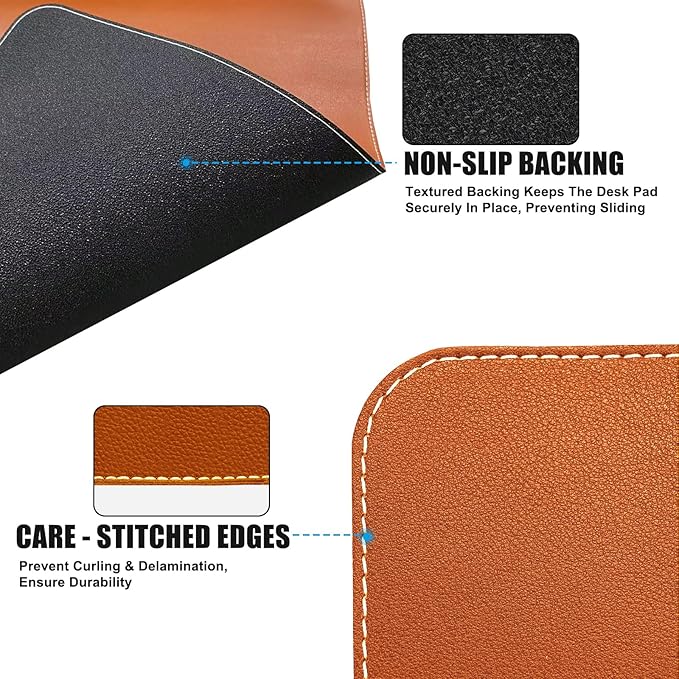 ERGO COLLECT Desk Mat with Lip & Reinforced Stitched Edge|Non-Slip Waterproof PU Leather Desk Pad|Ergonomic Keyboard Mouse Pad with Edge Protector|for Office, Home, Study(28.74" x 16.73",Brown)