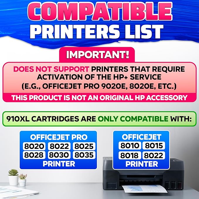 910XL Ink Cartridge Combo Pack – Includes Black & Color – Compatible with HP 8020, 8025, 8028, 8030, 8035, 8010, 8015, 8018, 8022 – Vivid Results – Easy Installation