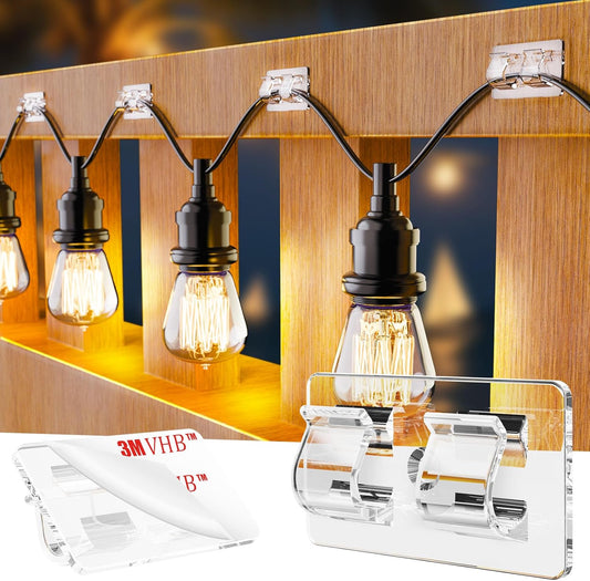 Skiennix 30 PCS Heavy-Duty Hooks for Outdoor String Lights - Clear Adhesive Clips for Easy Hanging