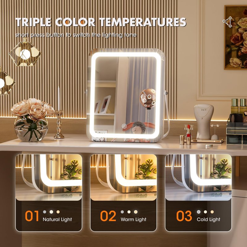 Hasipu Vanity Mirror with Lights, 14" x 11" LED Makeup Mirror, 3 Modes Light, Smart Touch Control Dimmable, 360°Rotation, Rectangle White Frame, with 5X Magnifying Glass