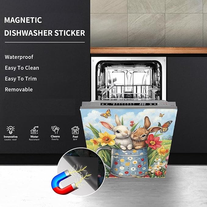 Easter Bunny Dishwasher Magnet Decoration Cover Kitchen, Two Rabbits Vinyl Magnetic Dishwasher Sticker, 23 x 26 in Spring Colorful Flowers Home Magnet Fridge Cover