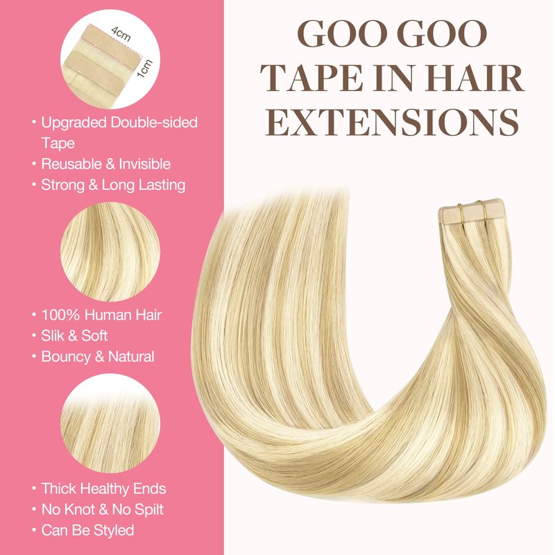 GOO GOO Tape in Hair Extensions Human Hair, 18D/22F Dirty Blonde Highlights, 18inch 50g 20pcs, Skin Weft Seamless Invisible, Silky Straight with Thick Ends, Remy Human Hair