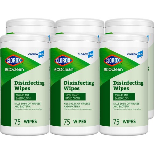 CloroxPro Clorox EcoClean Disinfecting Wipes, Multipurpose 100% Plant Based Cleaning Cloths, Antibacterial Disinfectant, Safe for Multi Surface Use, 75 Count (Pack of 6)