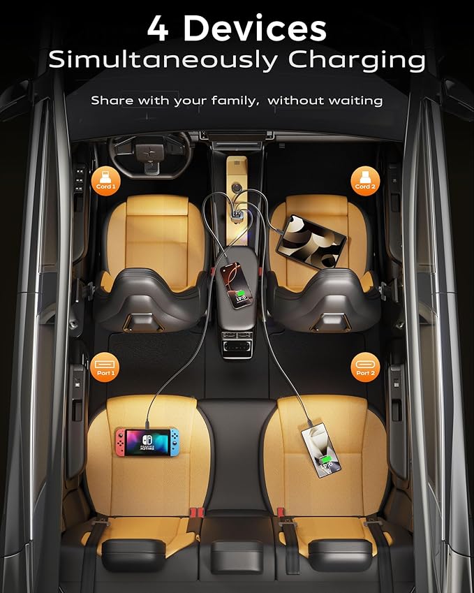 iPhone Car Charger, Retractable Fast USB C Phone Charger, 4 in 1 Cigarette Lighter Adapter with 2 Cables 25 Inch and 2 USB Ports, Multi Port USB Car Charging for iPhone 17/16/15/14/13/Pro Max
