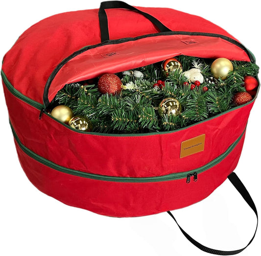 Skiennix Wreath Storage Container - Heavy Duty 600D Oxford Cloth, 24x12 Inch Red Double Bag for Holiday Wreaths