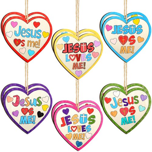 Anglechic 12 Sets Easter Christian Crafts Jesus Loves Me Wood Craft Religious Wooden Heart DIY Activities for Easter Sunday School VBS DIY Gift Activity