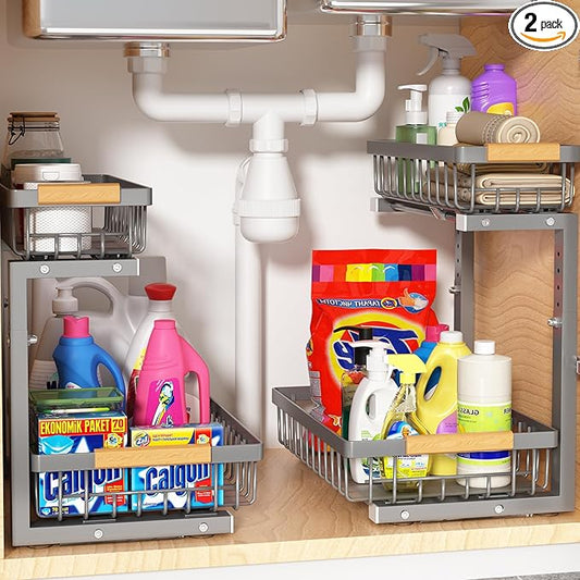 Under Sink Organizer 2 Pack, 2 Tier Slide Out Large Capacity Height Adjustable Under Sink Organizers and Storage for Kitchen Bathroom Cabinet, Grey