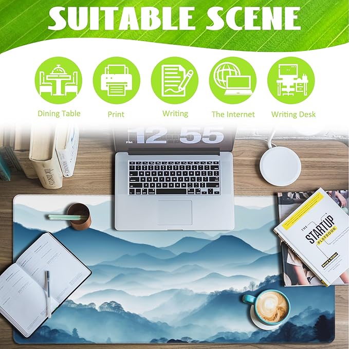 Eflxamz Large Gaming Mouse Pad, Mountain Desk Mat, Misty Forest Mountains Desk Pad, Extended Big Computer Keyboard Mouse Pad with Non-Slip Base and Stitched Edge, 35.4"x15.7"