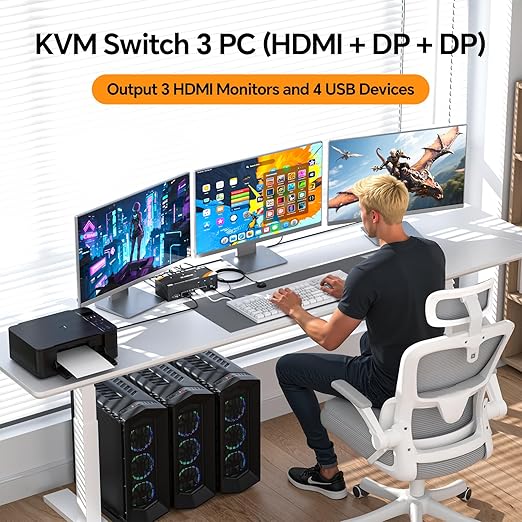 KCEVE USB 3.0 KVM Switch 3 Monitors 3 Computers Displayport HDMI, Triple Monitor KVM Switch 8K@60Hz 4K@144Hz for 3 Computers Share Mouse Keyboard, Wired Remote and Power Adapter