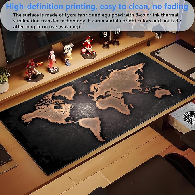World Map Gaming Desk Pad XXL Large Mouse Pad Vintage Style Full Desk Mat Extended Keyboard Pad with Stitched Edges, Non-Slip Base (31.5" x 15.7")