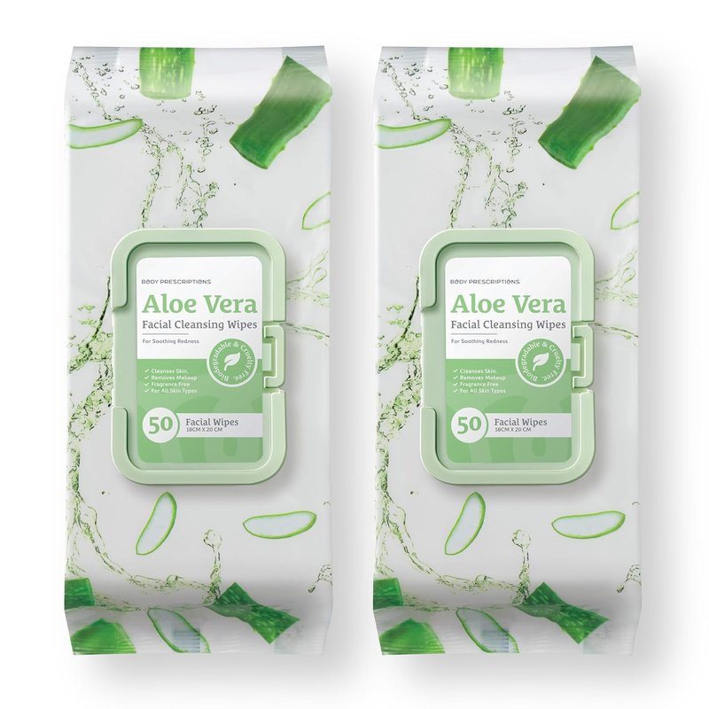 Makeup Cleansing Wipes - Gentle Aloe Vera Face Wipes for All Skin Types | 50 Count Pack of 2