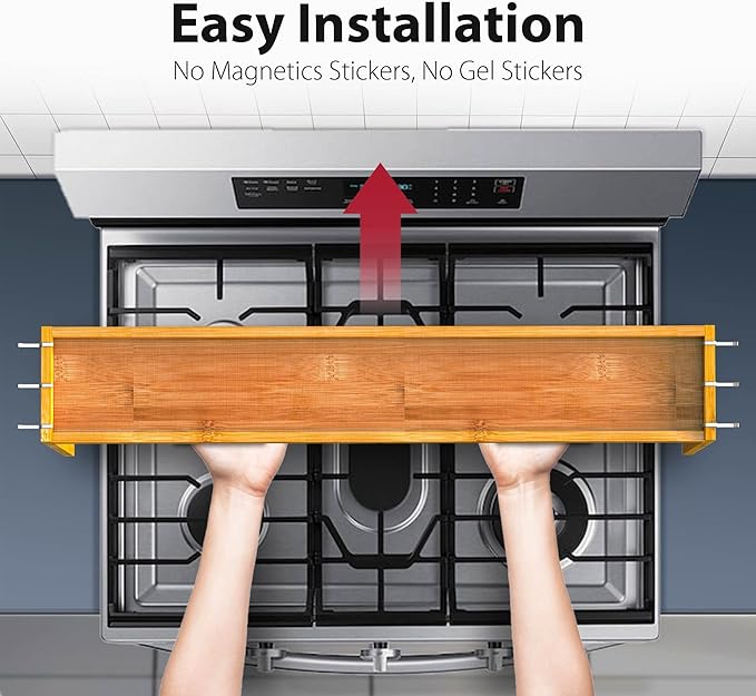 IIIOIIIA Bamboo Over The Stove Spice Shelf for Kitchen Storage, 31.5" Kitchen Spice Rack Organizer Stove Top Shelf with 6 Hooks, 11.4" Height Extra Storage Countertop, Easy to Assemble