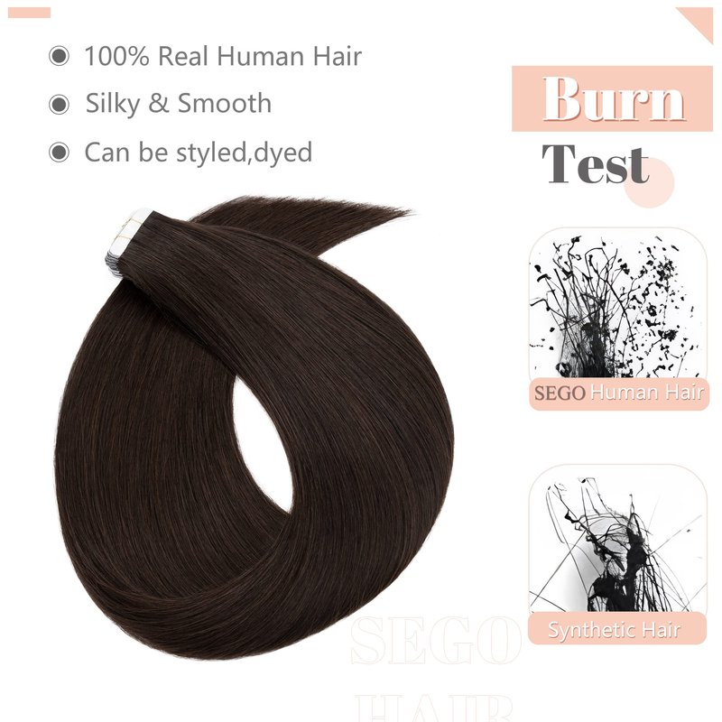SEGO Tape In Hair Extensions Human Hair, 20pcs 40g 14 Inch Dark Brown Remy Straight Human Hair Tape In Extensions for Women -#02 Dark Brown