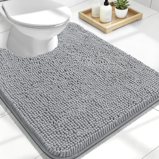 OLANLY U-Shaped Toilet Rugs - Extra Soft Chenille, Quick-Dry, Non-Slip Bath Mat | 24x20, Light Grey