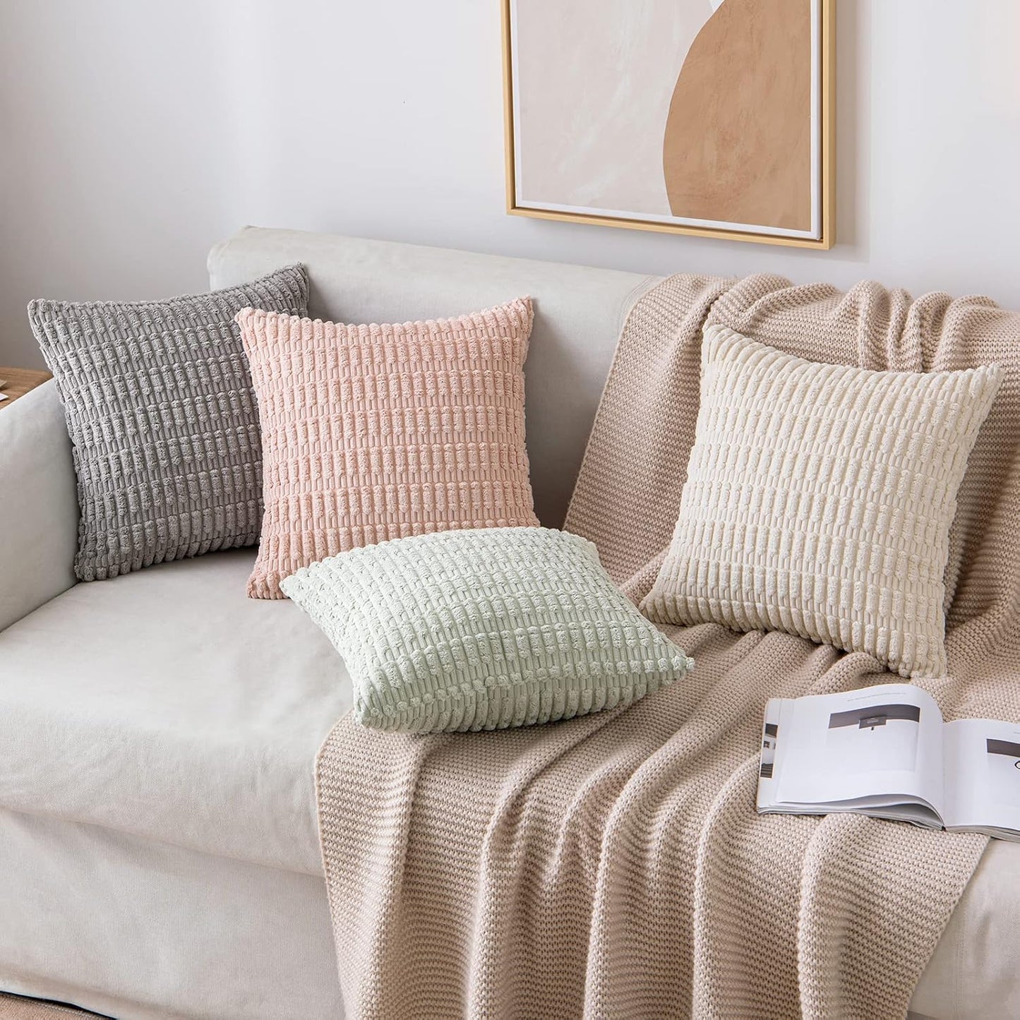 MIULEE Corduroy Throw Pillow Covers - Soft Boho Striped Design | 18x18 Inch Cream White Set of 4 for Modern Home Decor