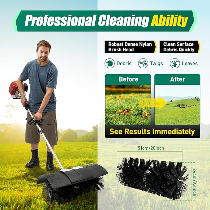 52cc Handheld Lawns Sweeper 2-Stroke Air Cooled Fuel Engine Gas Power Sweeping Broom Machine for Artificial Turf Grass, Gravel, Snow Cleaning, Yard, Road, Heavy Duty Leaf Sweeper, US Stock