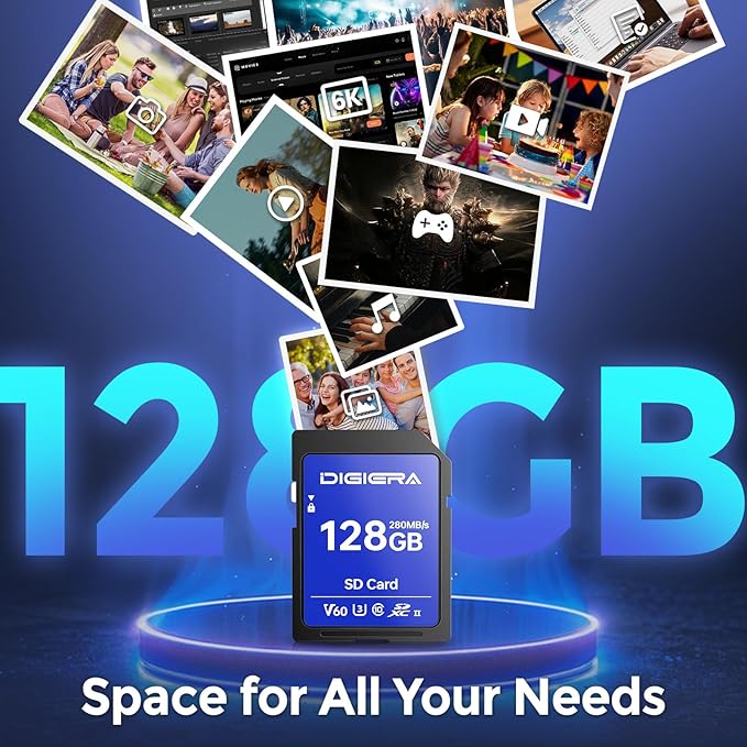DIGIERA 128GB LSU100 SDXC UHS-II Memory Card - up to 280MB/s, C10, U3, V60, 6K, SD Card for Computers, Digital Cameras, Home Theatre Devices, Car Navigation Systems (1 Pack)