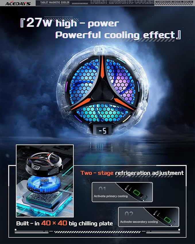 ACEDAYS iPad Cooler,Magnetic Tablet Cooler for ipad/Surface pro/Samsung Tab,Compatible for Steam Deck,Universal Radiator with Temperature Display for Mobile Gaming,Tiktok Live Streaming
