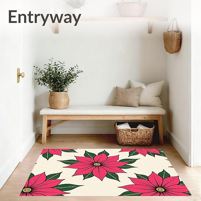 Flatwoven High Traffic Area Rug 4x6, Holiday Poinsettia Bathroom Festive Winter Floral Shower Curtain, Non Slip, Stain Resistant, Washable Area Rugs for Living Room, Bedroom (Pink, 4x6, Pad)