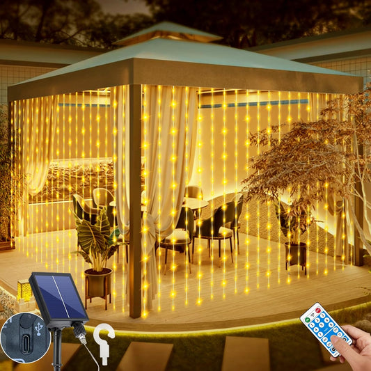 Skiennix Solar Curtain Lights - Waterproof 300 LED Twinkle Fairy String Lights | 10x10 Ft with Remote & 8 Modes for Outdoor Parties & Weddings