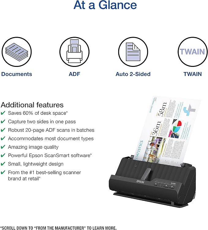 Epson Workforce ES-C220 Compact Desktop Document Scanner - 2-Sided Scanning - ADF - for PC and Mac
