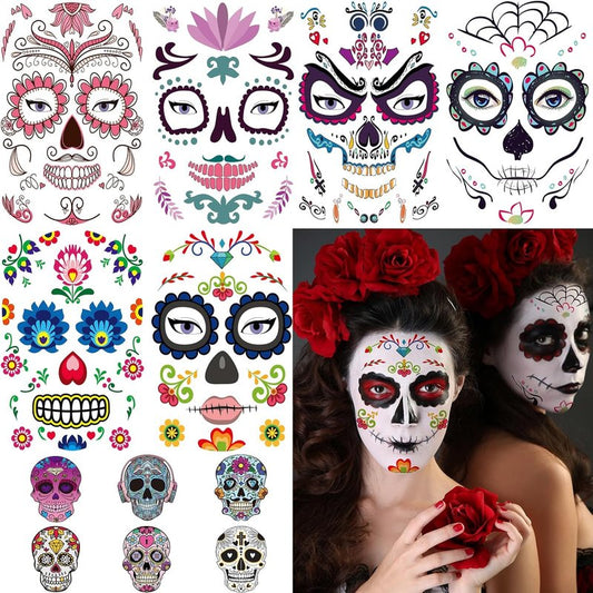 12 Sheets Halloween Face Tattoos - Day of the Dead Sugar Skull Designs | Large Temporary Tattoos