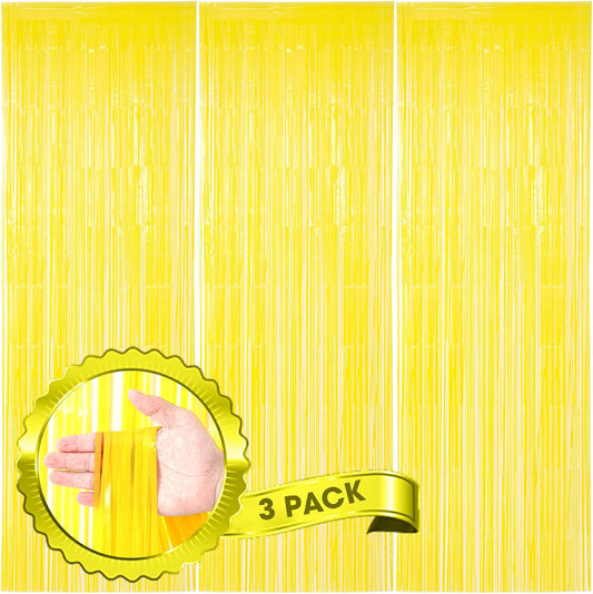 Voircoloria Foil Fringe Backdrop Curtains - 3 Pack of 3.3 x 8.2 ft Pastel Yellow Tinsel Streamers for Parties